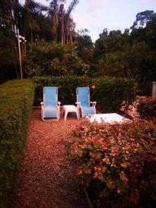 プエブロ・タパオにあるFinca Hotel El Piñal en Armenia Quindioの庭園内の椅子2脚とテーブル