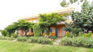 una casa naranja con plantas delante de ella en Hotel Guivá San Pablo, en Hacienda Blanca