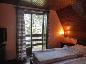 a bedroom with a bed and a large window at Vila Vera in Zlatibor