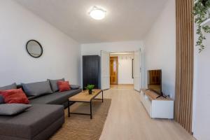 a living room with a couch and a tv at Nya Apartment in Sighişoara