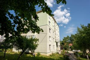 a white building with trees in front of it at Nya Apartment in Sighişoara