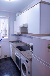 eine Küche mit weißen Schränken, einer Waschmaschine und einem Trockner in der Unterkunft LA ESTANCIA DE PIZARRO in Gijón