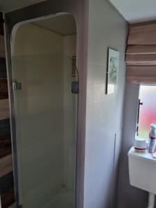 a bathroom with a walk in shower and a mirror at Meerblick Wattenmeer ,50m vom Meer,Strand 300m in Westerland