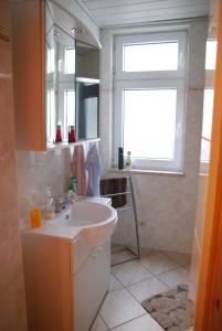 a bathroom with a sink and a mirror and a window at Ferienwohnung Burgruine in Rauenstein