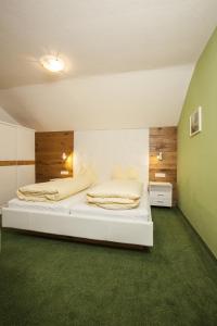 1 dormitorio con 2 camas y alfombra verde en Pension Alpina Neustift en Neustift im Stubaital