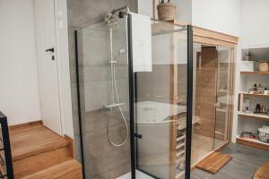 a shower with a glass door in a bathroom at NA Apartments in Maribor +26 photos