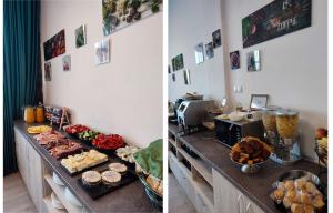 twee foto's van een buffet met verschillende soorten eten bij Vila Ursul Negru in Sovata