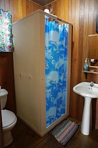 a bathroom with a shower with a toilet and a sink at Mana Kai Camping & Cabins in San Ignacio