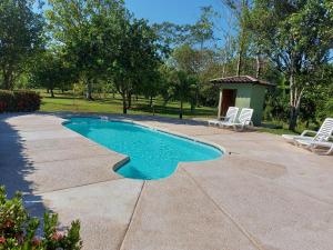 einen Pool mit zwei Stühlen und einem Pavillon in der Unterkunft hotelsonidosamados-osa in Sierpe