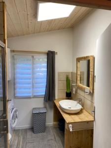 y baño con lavabo y espejo. en Au-Doux-Altic chalet romantique avec JACUZZI ET SAUNA en Métabief