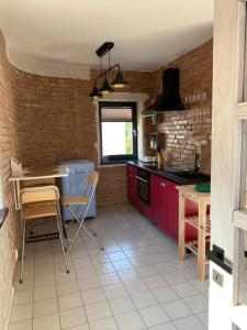 a kitchen with red cabinets and a table with chairs at Empero Apartments Bardejov 1 in Bardejov