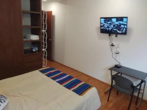 Zimmer mit einem Bett, einem Schreibtisch und einem TV in der Unterkunft BRAND NEW APARTMENT NEAR DOWNTOWN COYOACÁN! in Mexiko-Stadt