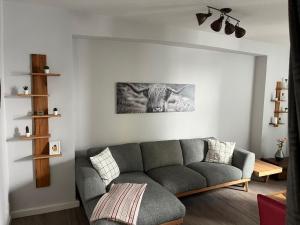 a living room with a gray couch in a room at Schmuckstück im Herzen Rostocks mit grüner Oase in Rostock