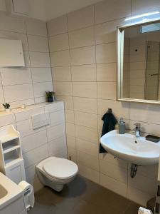 y baño con aseo y lavamanos. en Schmuckstück im Herzen Rostocks mit grüner Oase en Rostock