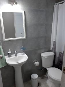 a bathroom with a sink and a toilet and a mirror at Hostal D' Silvia in Arica