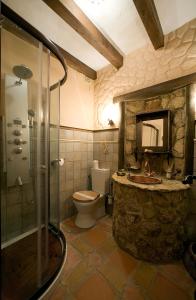 y baño con ducha, aseo y lavamanos. en Casa Rural Margarita II, en Montánchez