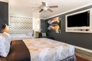 1 dormitorio con 1 cama y TV de pantalla plana en Big Bear Spa Suites, en Big Bear Lake