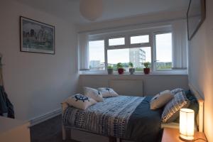 una camera da letto con letto, cuscini e finestra di Bright and spacious 1 bed flat in Camberwell a Londra
