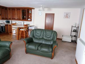 ein Wohnzimmer mit einem grünen Stuhl und einem Tisch in der Unterkunft Impeccable 2-Bed Flat in Wick in Wick