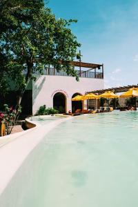 a swimming pool at a resort with umbrellas at Café Jeri Hotel in Jericoacoara