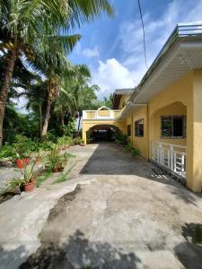une maison jaune avec allée et palmiers dans l'établissement Caparas Transient House, à Alaminos