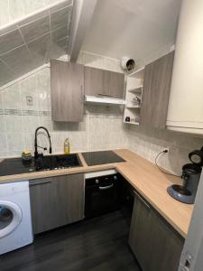 a kitchen with a sink and a washing machine at Charmant logement proche Disneyland Paris parking in Lagny +8 photos