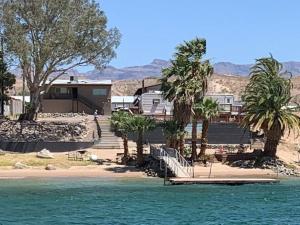 a resort with palm trees and a dock in the water at #2 bedroom cozy SUITE, 1 min walk to the beach # in Bullhead City
