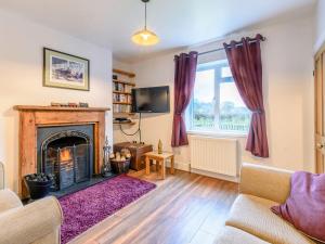 a living room with a fireplace and a tv at Lambton Cottage in Grosmont