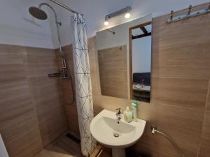 a bathroom with a sink and a shower with a mirror at Confort INN in Otopeni
