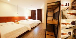 a bedroom with two beds and a room with two bunk beds at Hoàng Bách Hotel in Vung Tau