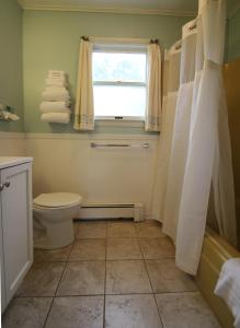 a bathroom with a toilet and a window at Maple Leaf Motel in Littleton