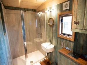 a bathroom with a shower and a sink at The Shepherds Hut At Gowan Bank Farm in Staveley