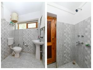 2 fotos de un baño con aseo y lavabo en Raybo Hostel en Leh