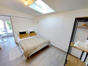a bedroom with a bed and a skylight at Ravissant T2 terrasse privative et parking in Odos