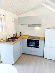 a kitchen with white cabinets and a sink and a refrigerator at Ravissant T2 terrasse privative et parking in Odos