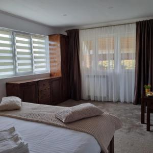 a bedroom with two beds and two windows at Pensiunea casa Rareș in Curtea de Argeş
