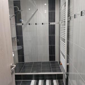 een badkamer met een douche met zwarte en witte tegels bij Árkád Center Apartman in Szeged
