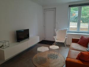 uma sala de estar com um sofá e uma televisão em Huisje op de Muur van Geraardsbergen em Geraardsbergen