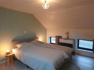 a bedroom with a bed and two windows at Huisje op de Muur van Geraardsbergen in Geraardsbergen