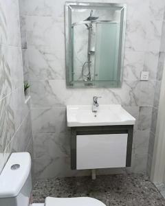 a bathroom with a sink and a toilet and a mirror at Престижная квартира Кара Караева in Baku
