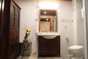 a bathroom with a sink and a toilet and a mirror at Agrovino Lofou in Lofou
