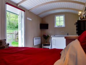 a bedroom with a bed and a sink and a window at Mountain View in Llanthony