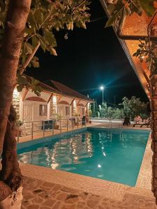 a swimming pool in a house at night at Guesthouse Lord Byron in Tepelenë