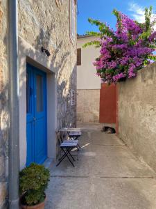 un chat dormant à côté d'un bâtiment avec une porte bleue dans l'établissement Apartment Ana, à Vis