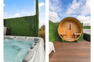 two pictures of a bath tub and a hobbit house at Schitterende loft met jacuzzi en sauna in Mechelen in Mechelen