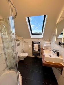 a bathroom with a sink and a toilet and a window at JUNIPRO Apartments & Rooms in Nohfelden