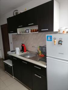 a kitchen with a white refrigerator and a sink at Къща за гости Градината in Dobrinishte
