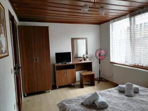 a bedroom with a bed and a desk and a fan at Къща за гости Градината in Dobrinishte