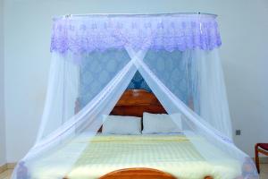 a bedroom with a bed with a canopy at Ambassador Bridge Motel in Jinja