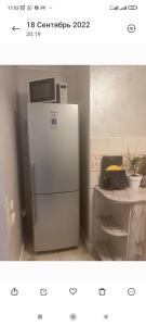 - une cuisine équipée d'un réfrigérateur en acier inoxydable dans l'établissement Квартира для семьи, à Almaty